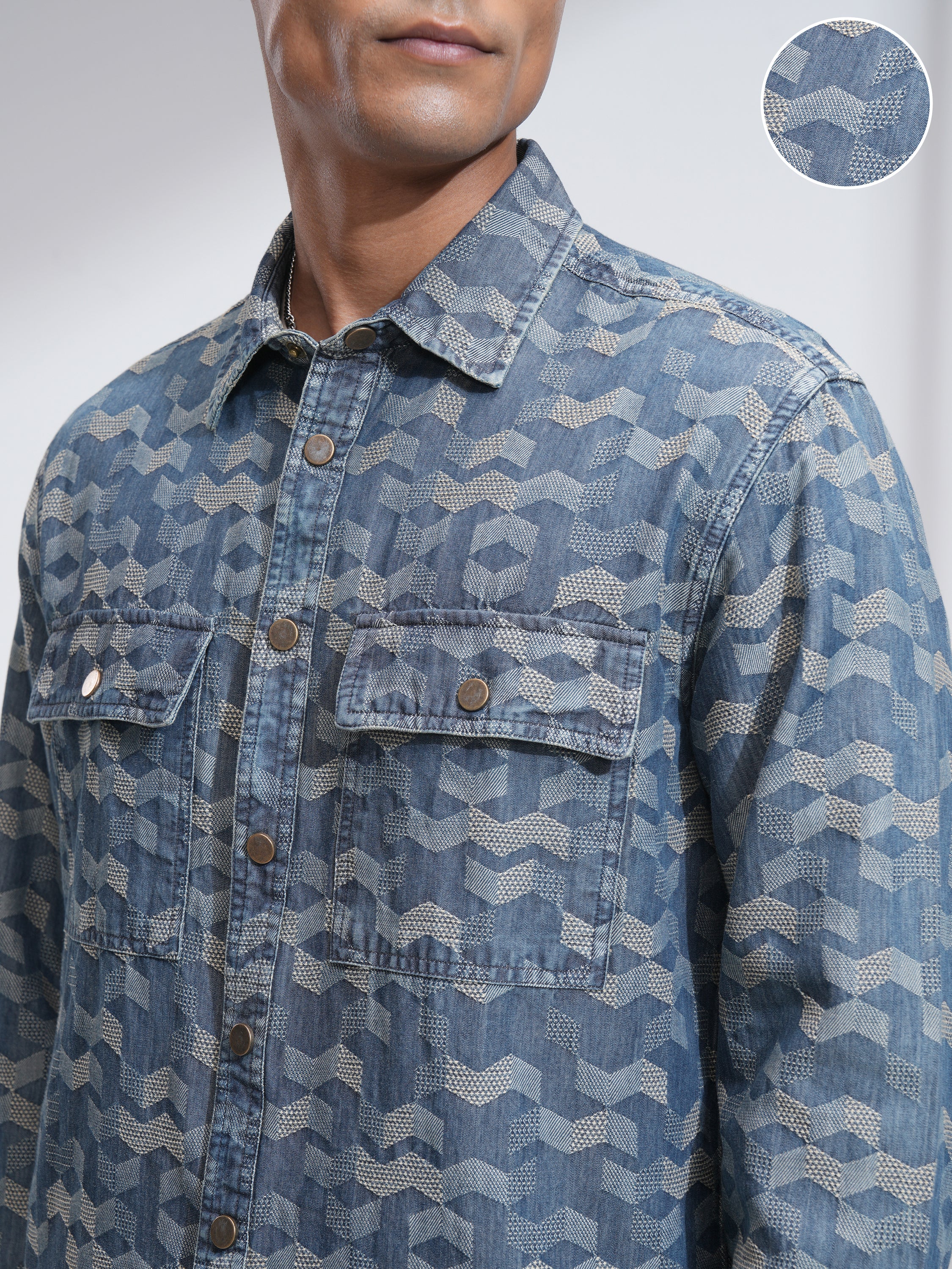 Locomotive Men Navy Blue Self Design Oversized Fit Casual Shirt - Navy Blue - Image 5
