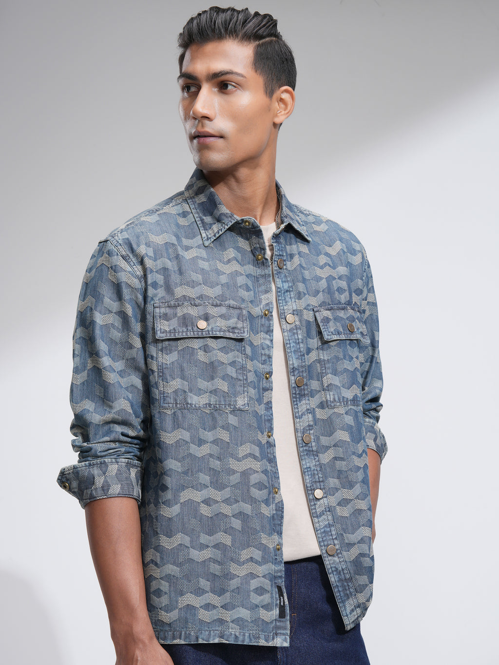 Locomotive Men Navy Blue Self Design Oversized Fit Casual Shirt - Navy Blue - Image 6