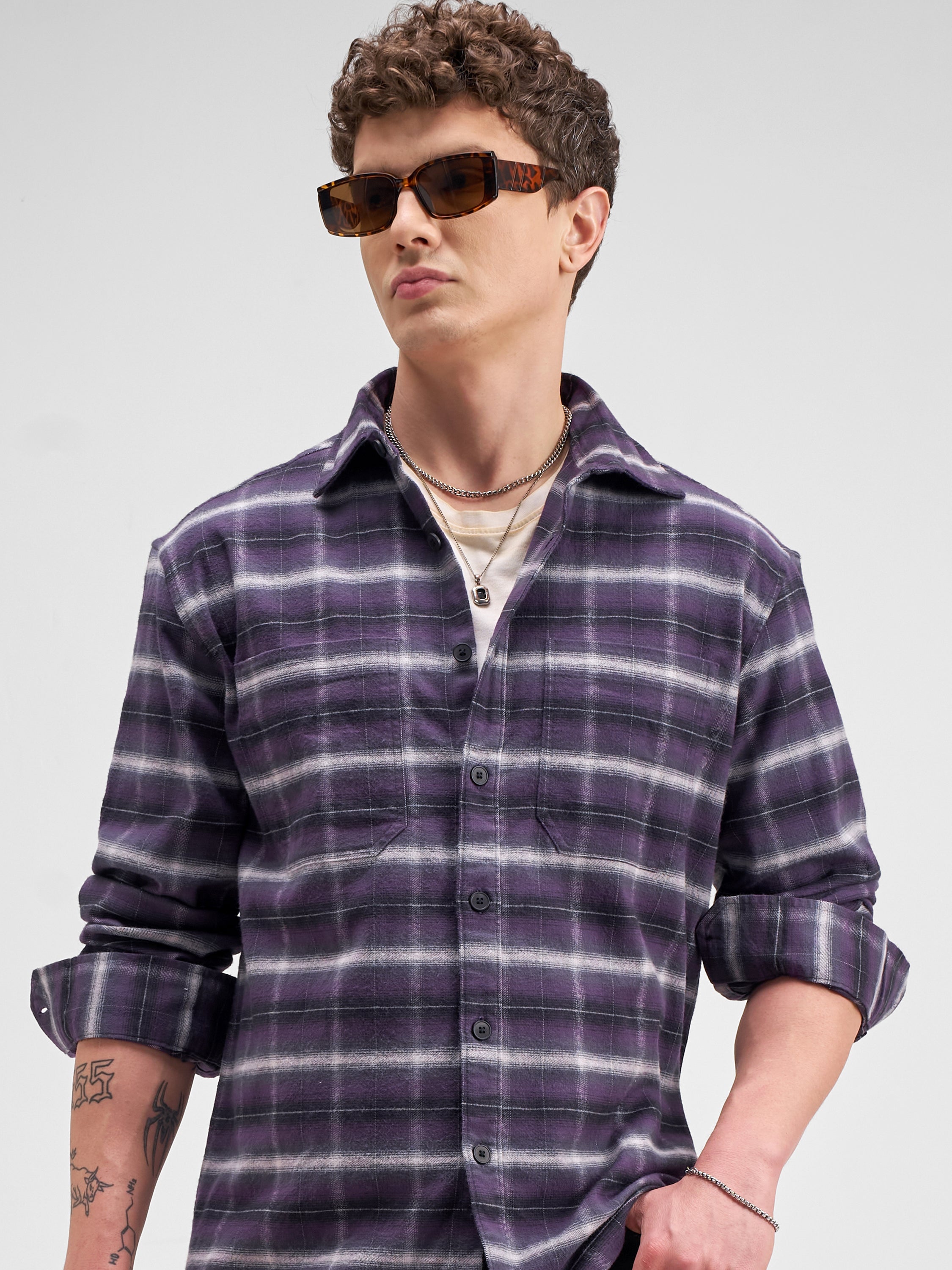 Locomotive Men Purple Checked Relaxed Fit Casual Shirt - Purple - Image 1