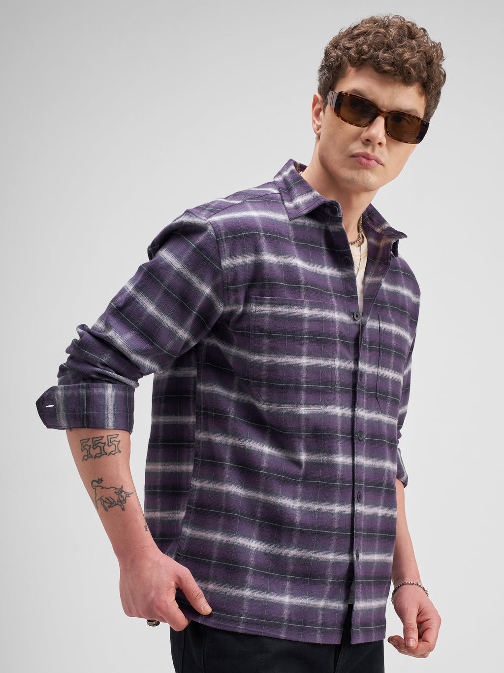 Locomotive Men Purple Checked Relaxed Fit Casual Shirt - Purple - Image 6