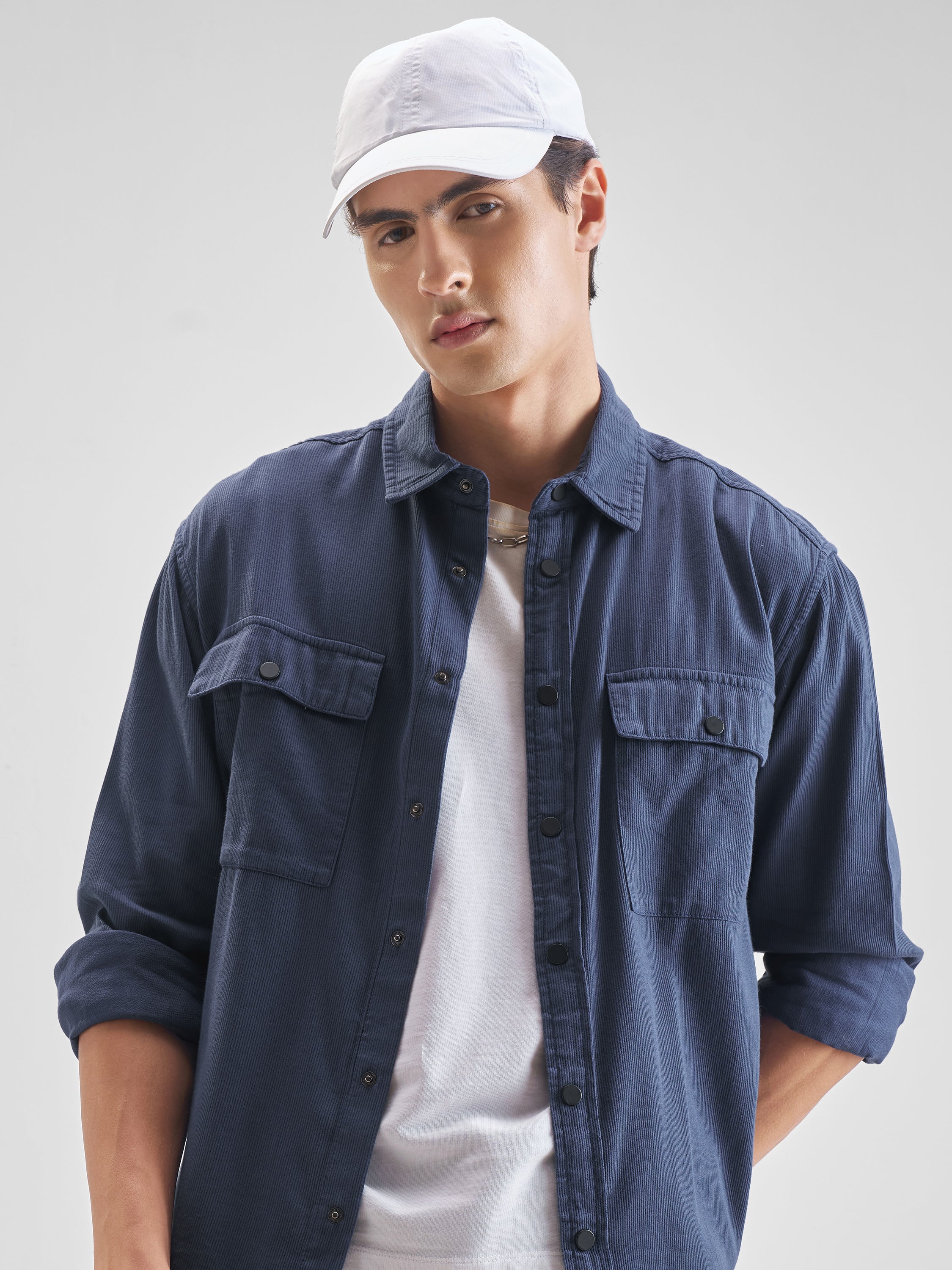 Locomotive Men Navy Blue Solid Oversized Fit Casual Shirt - Navy Blue - Image 1
