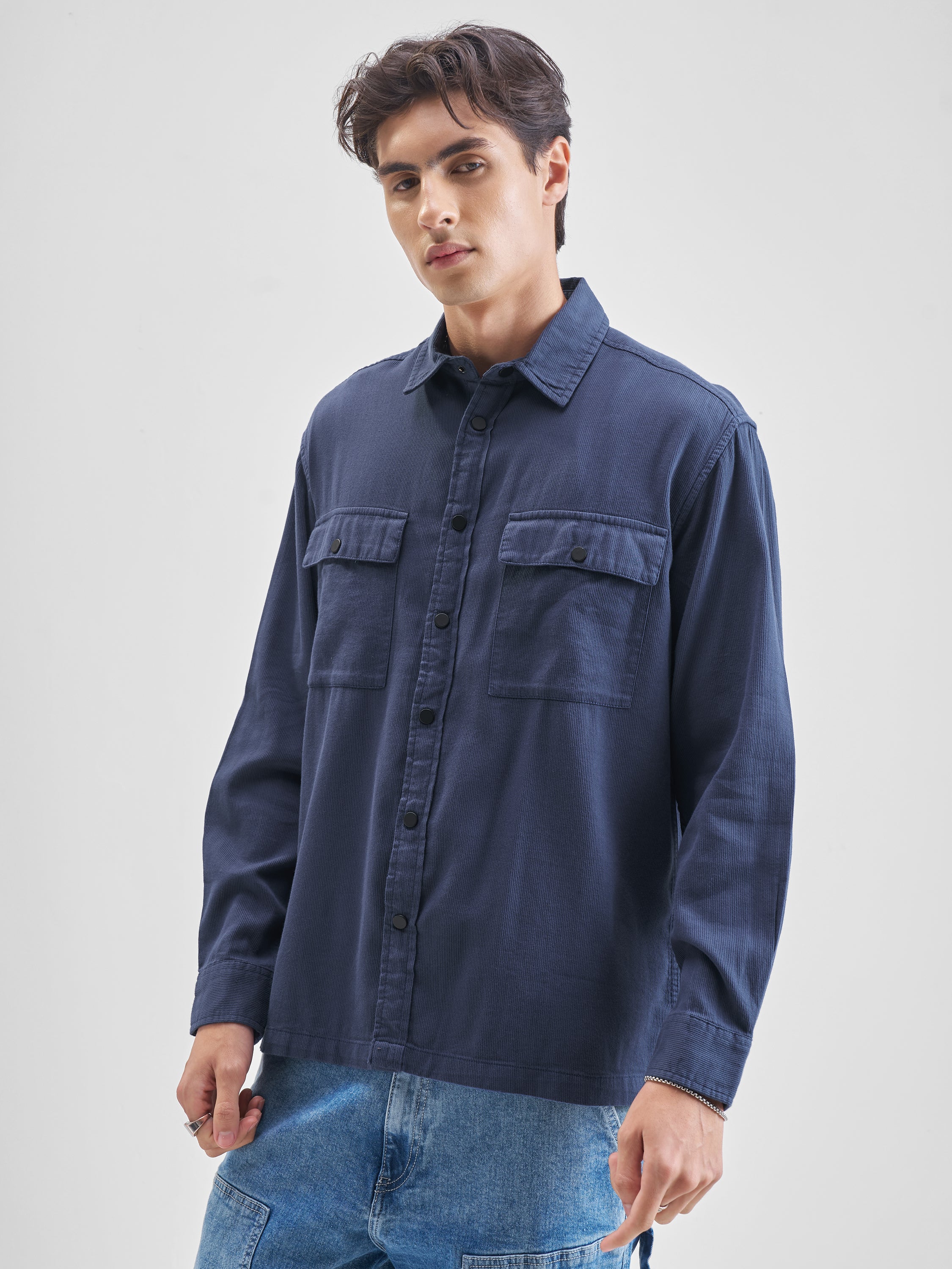 Locomotive Men Navy Blue Solid Oversized Fit Casual Shirt - Navy Blue - Image 4