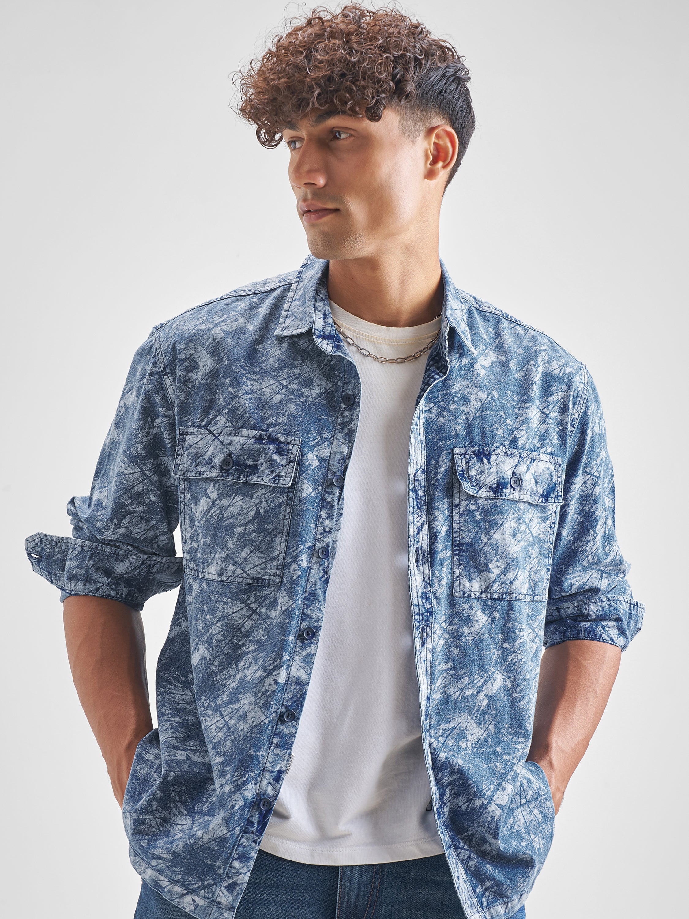 Locomotive Men Blue Self Design Oversized Fit Casual Shirt - Blue - Image 1