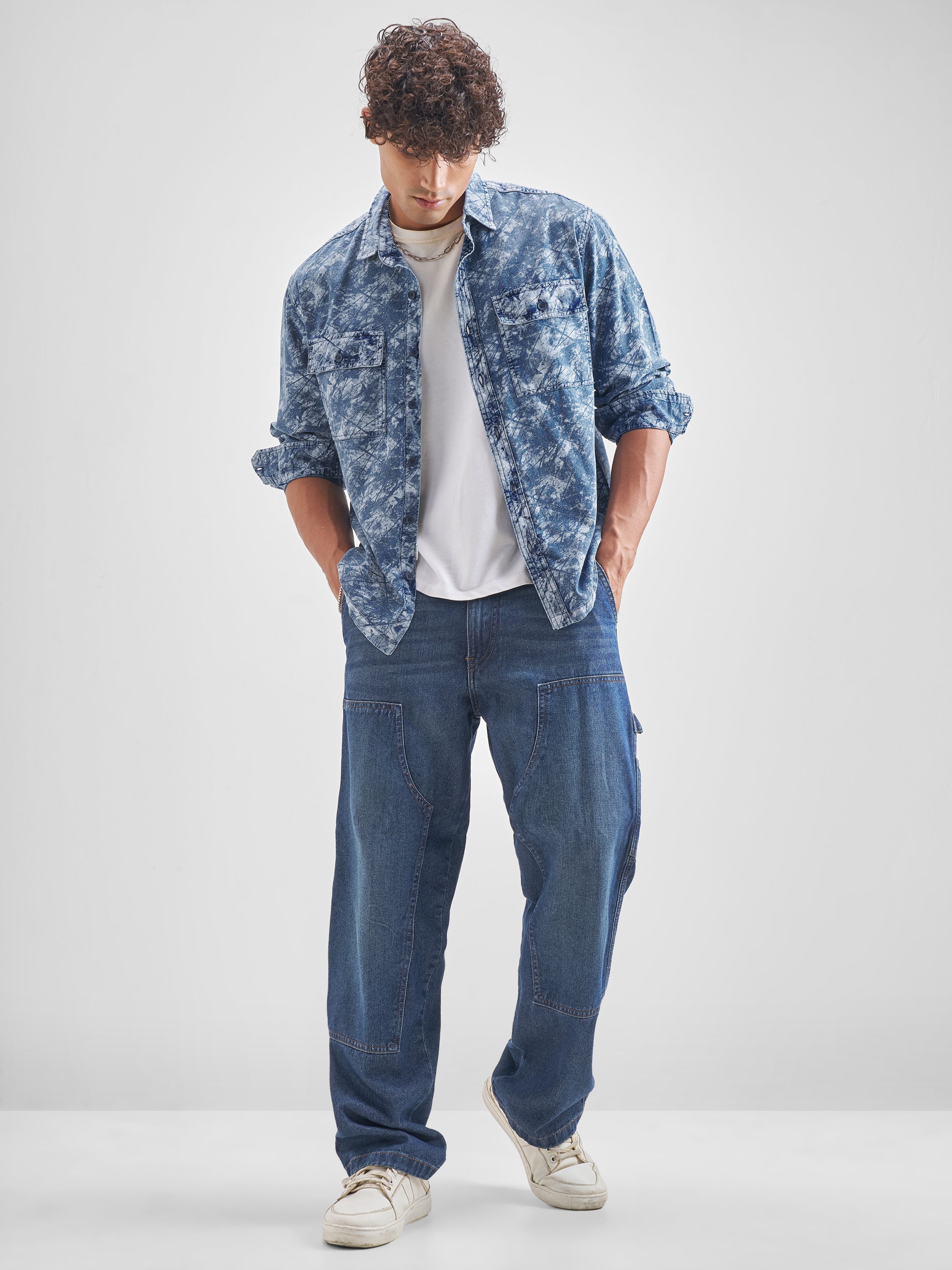 Locomotive Men Blue Self Design Oversized Fit Casual Shirt - Blue - Image 2