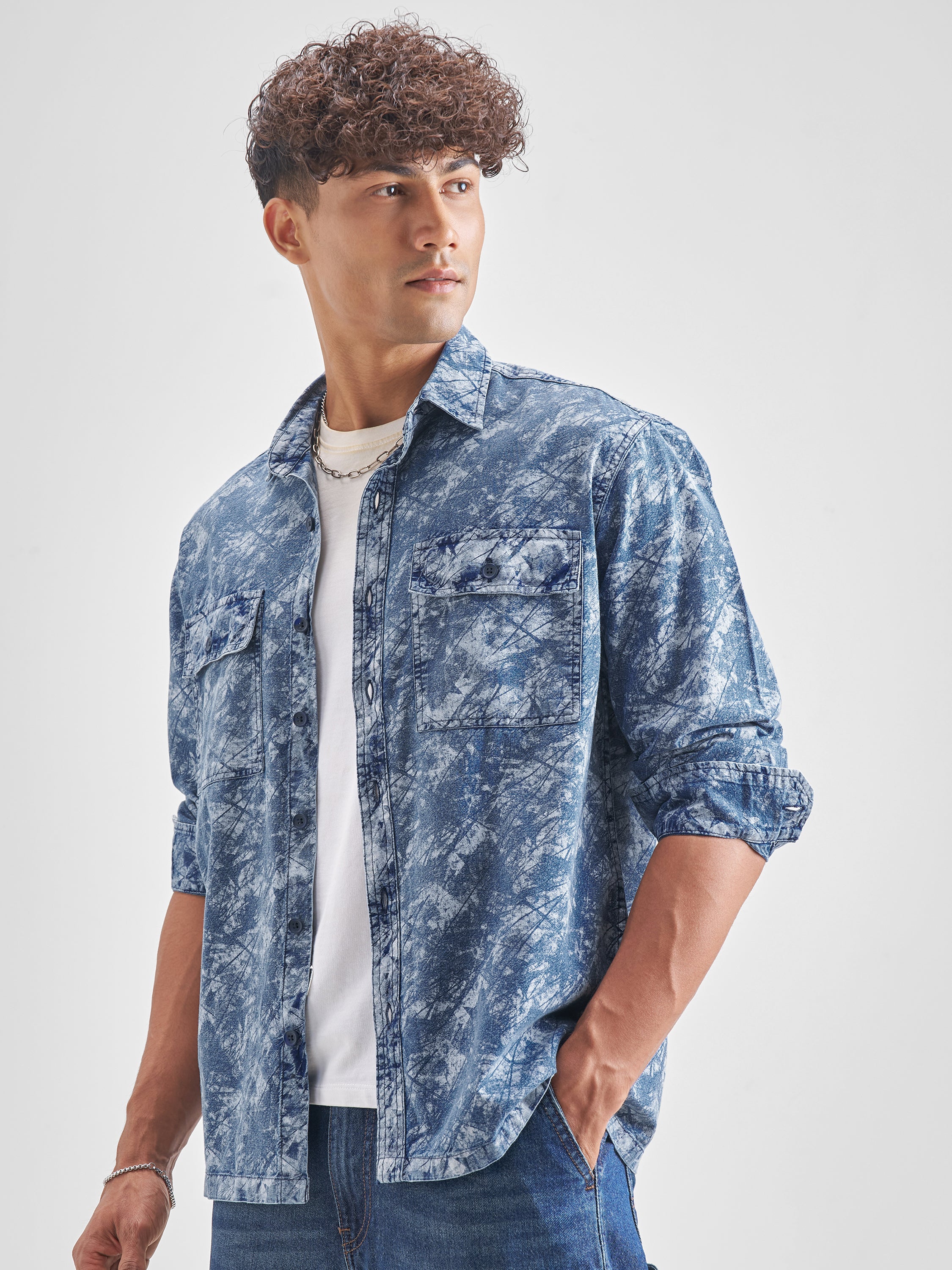 Locomotive Men Blue Self Design Oversized Fit Casual Shirt - Blue - Image 4