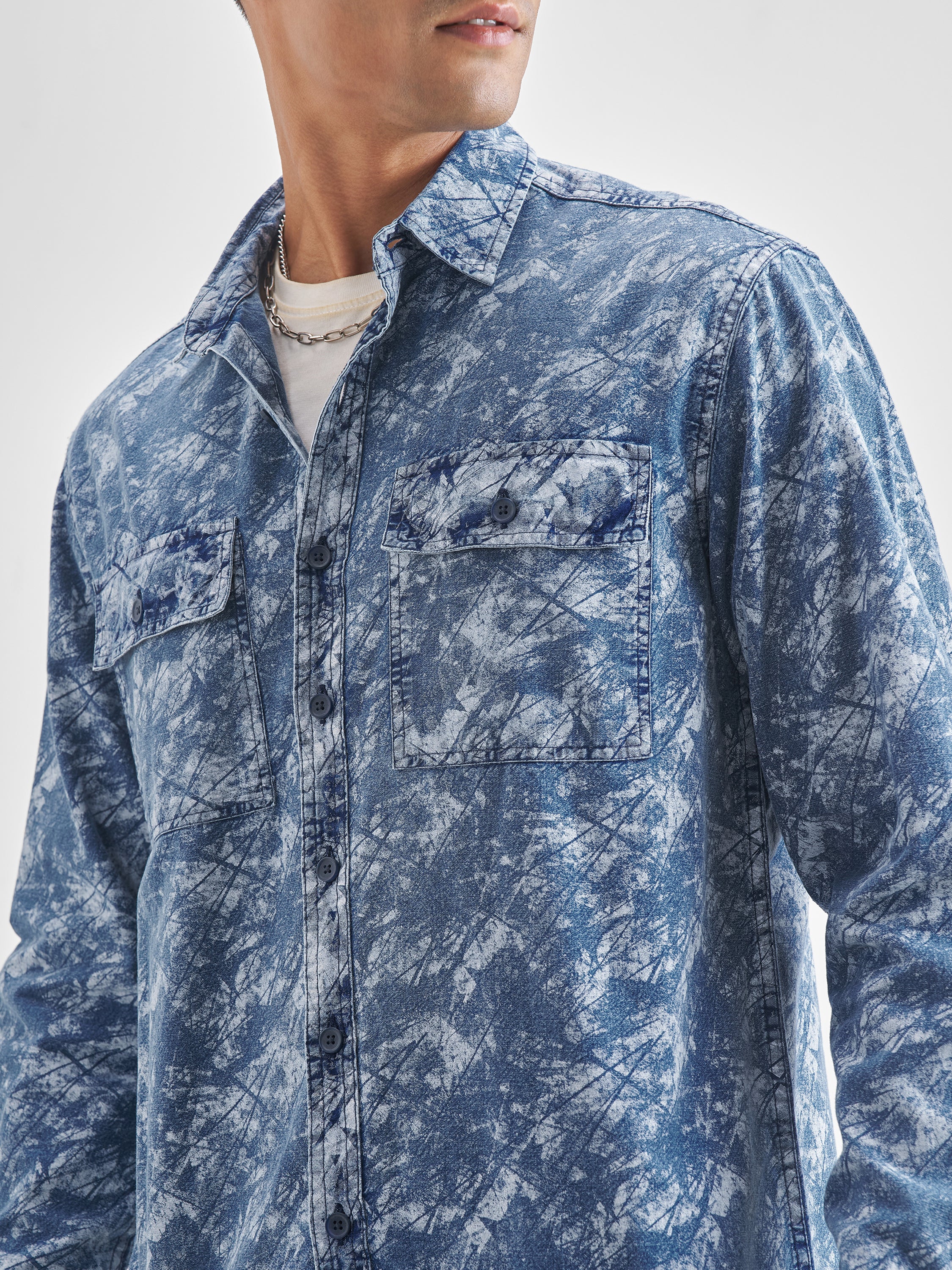 Locomotive Men Blue Self Design Oversized Fit Casual Shirt - Blue - Image 5