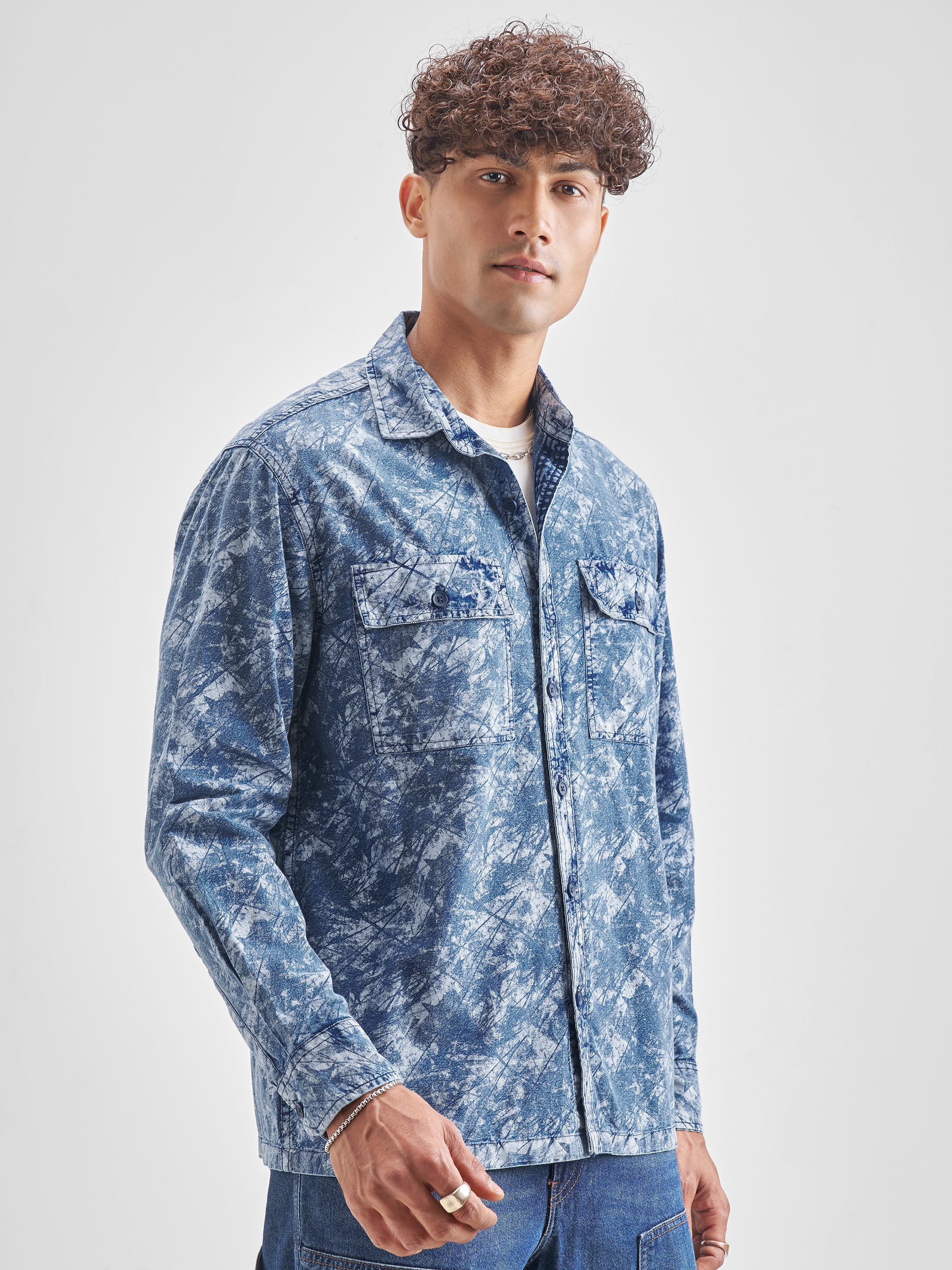 Locomotive Men Blue Self Design Oversized Fit Casual Shirt - Blue - Image 6