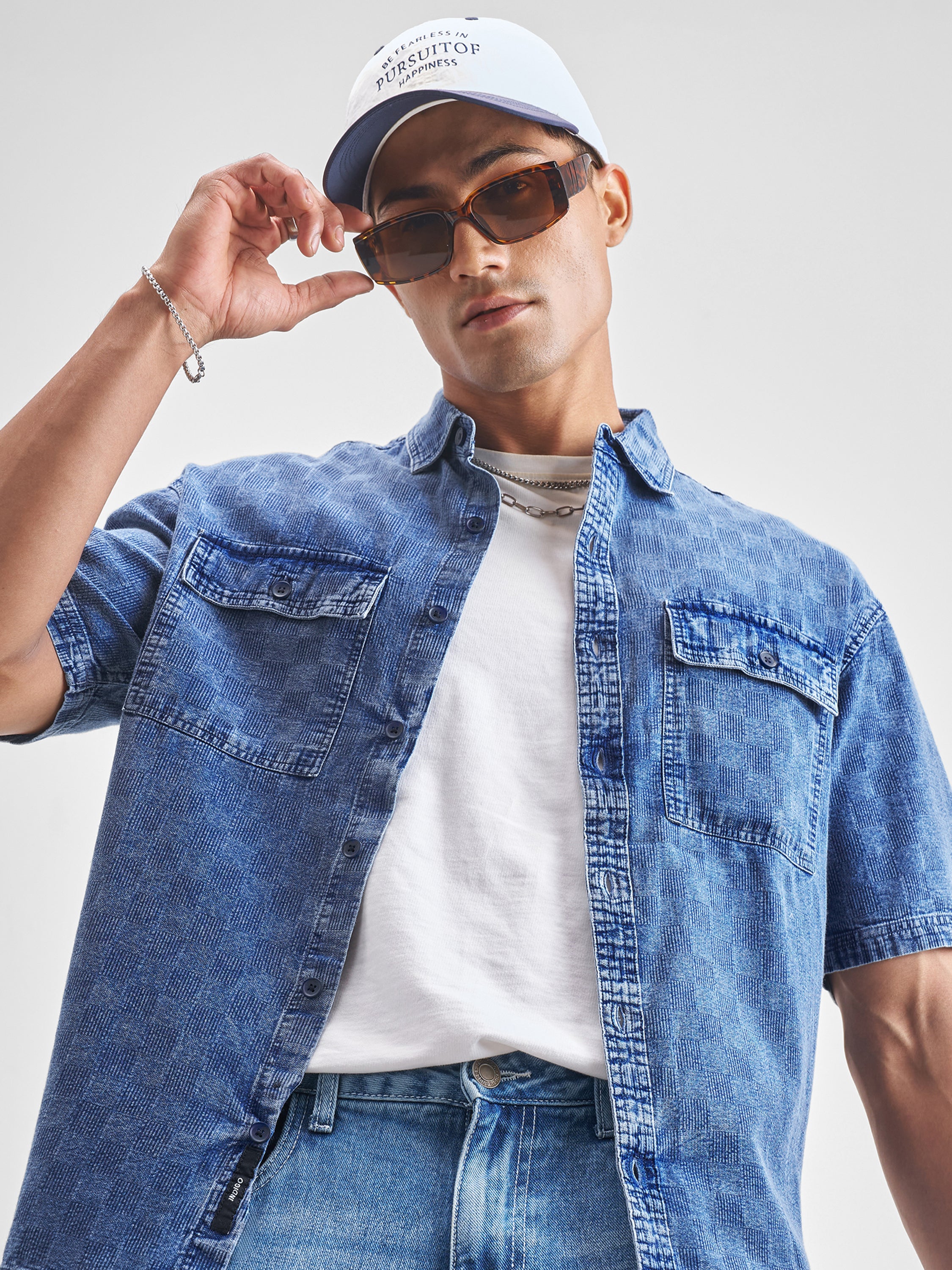 Locomotive Men Blue Self Design Oversized Fit Casual Shirt - Blue - Image 1