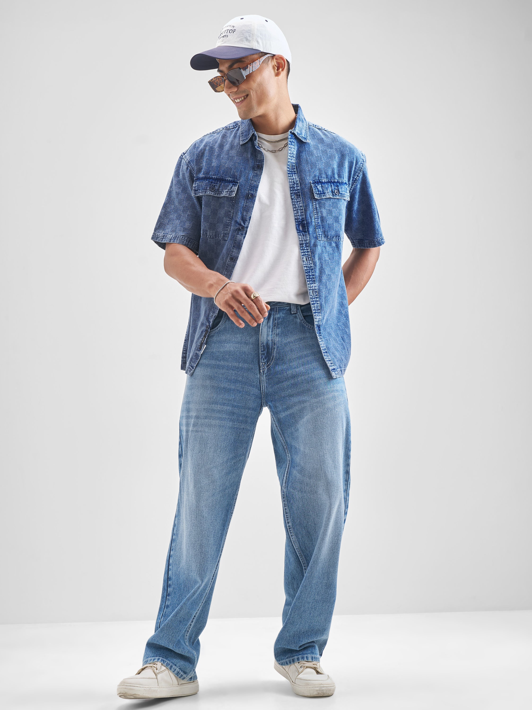 Locomotive Men Blue Self Design Oversized Fit Casual Shirt - Blue - Image 2