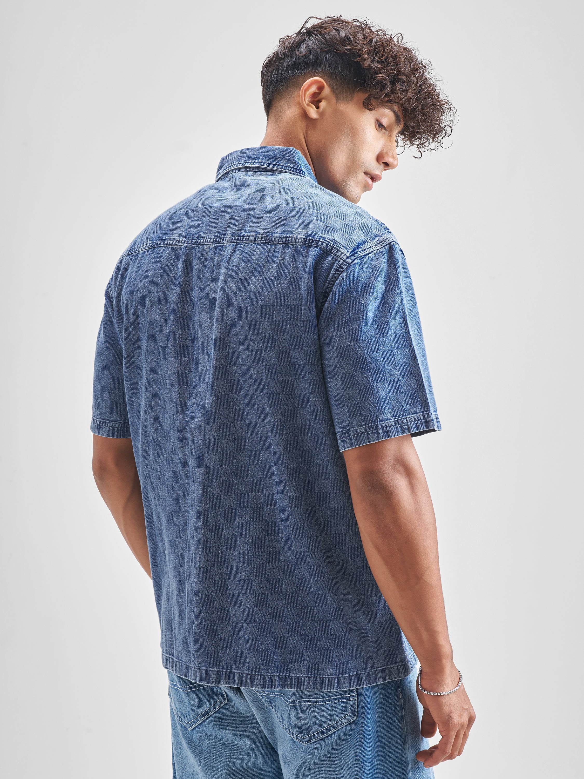 Locomotive Men Blue Self Design Oversized Fit Casual Shirt - Blue - Image 3