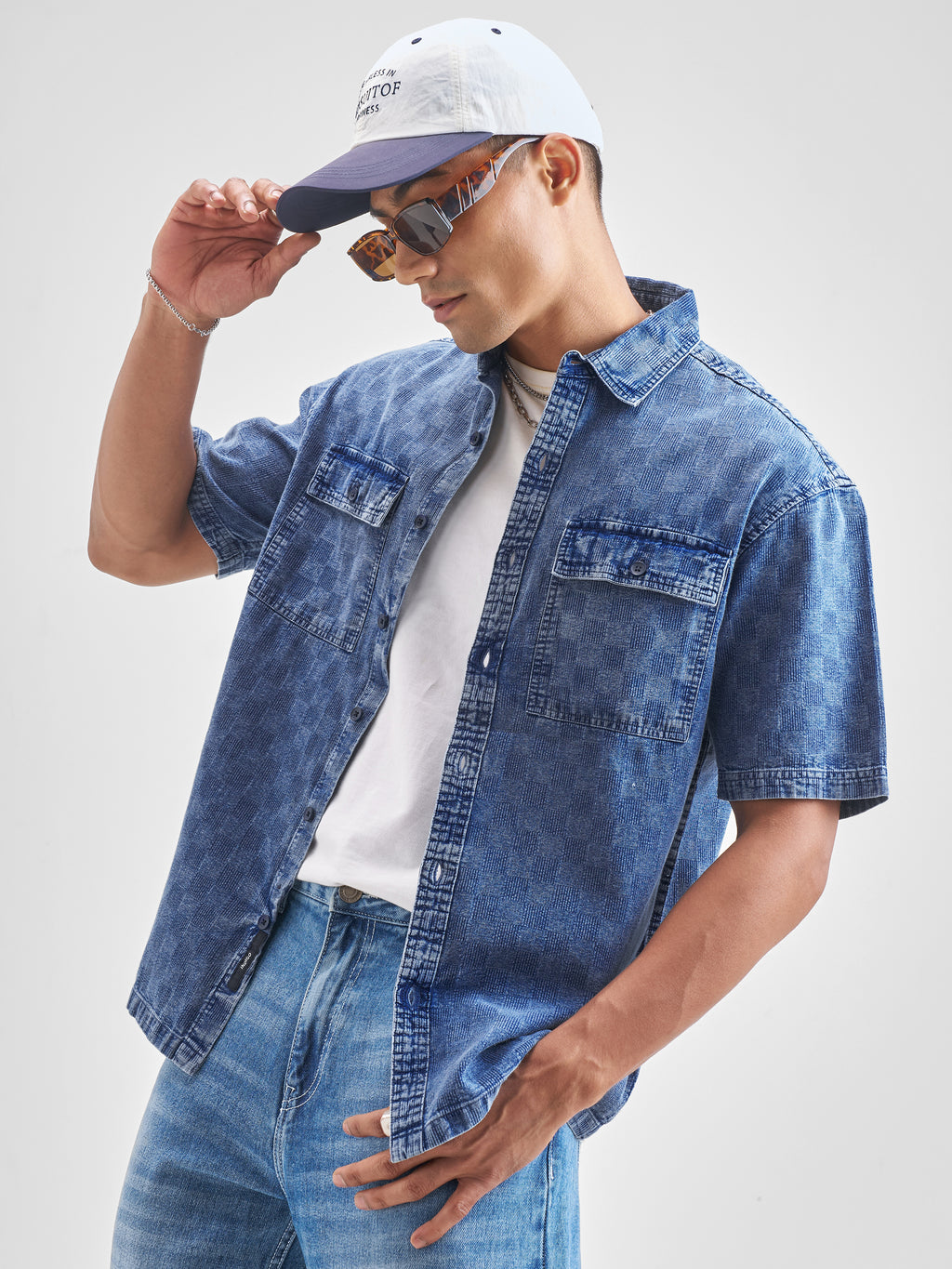 Locomotive Men Blue Self Design Oversized Fit Casual Shirt - Blue - Image 4