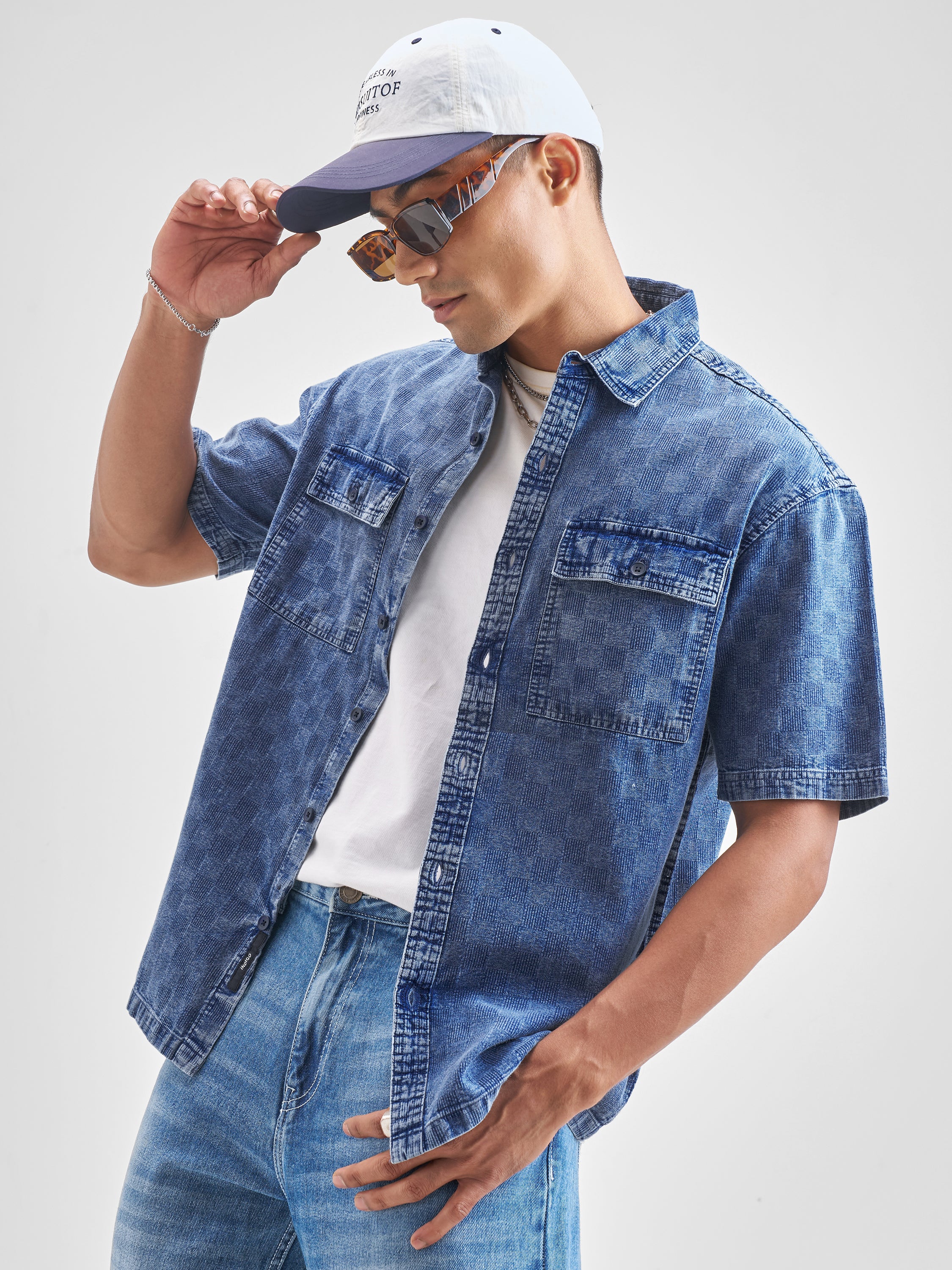 Locomotive Men Blue Self Design Oversized Fit Casual Shirt - Blue - Image 4