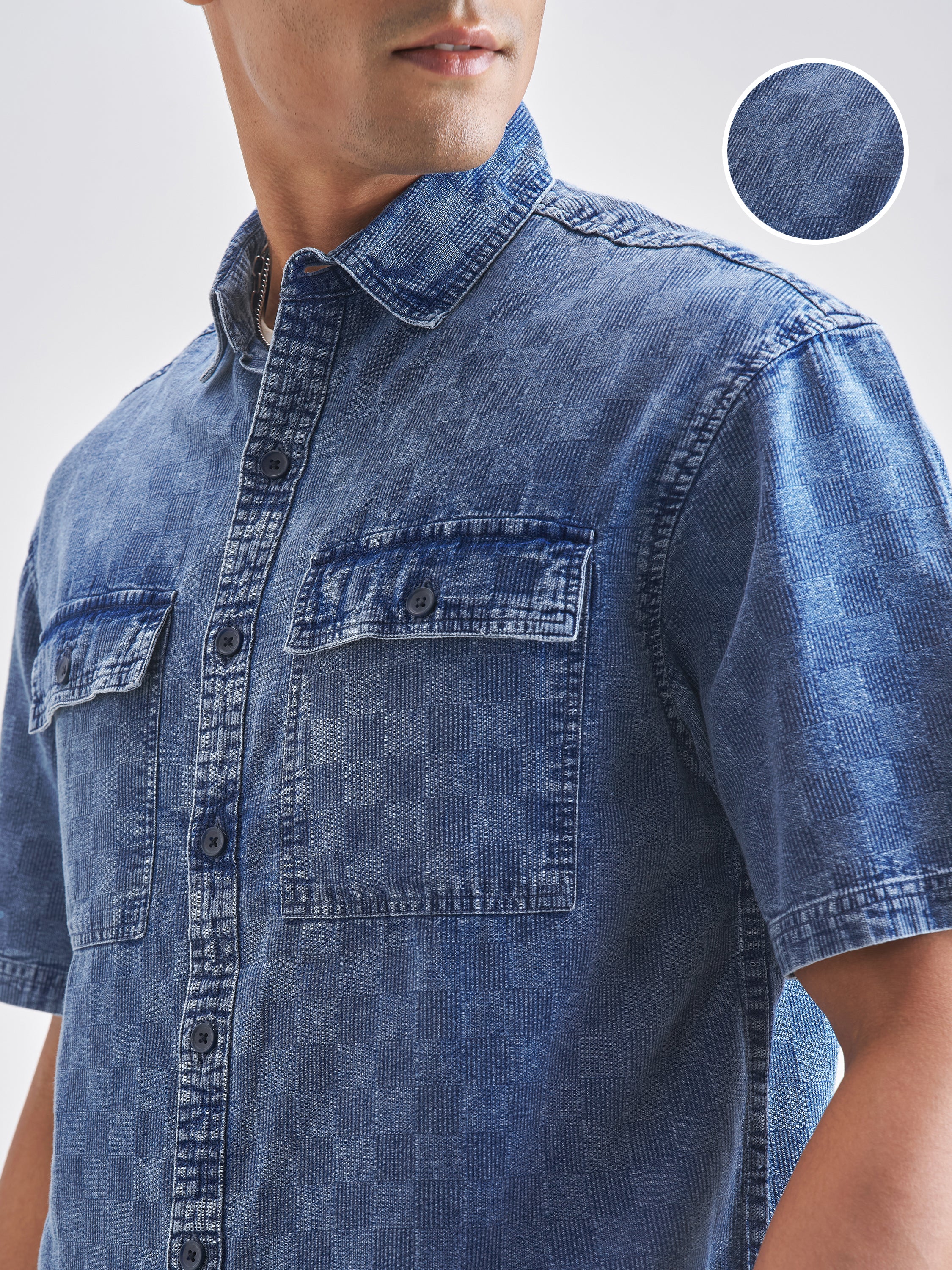 Locomotive Men Blue Self Design Oversized Fit Casual Shirt - Blue - Image 5