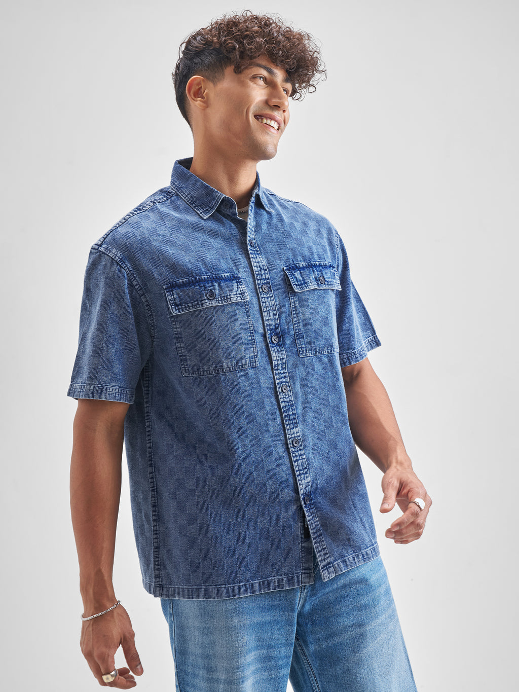 Locomotive Men Blue Self Design Oversized Fit Casual Shirt - Blue - Image 6