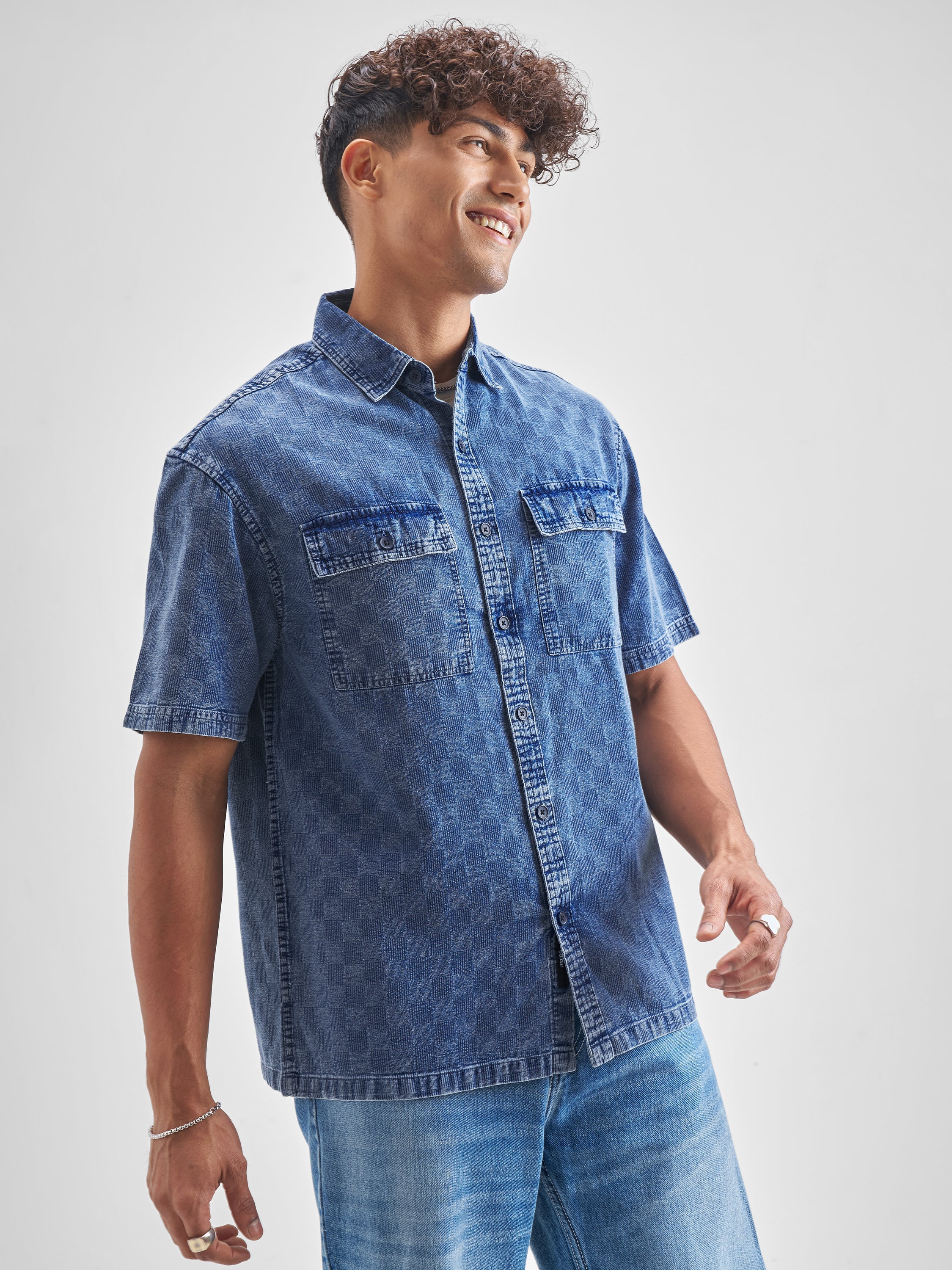 Locomotive Men Blue Self Design Oversized Fit Casual Shirt - Blue - Image 6