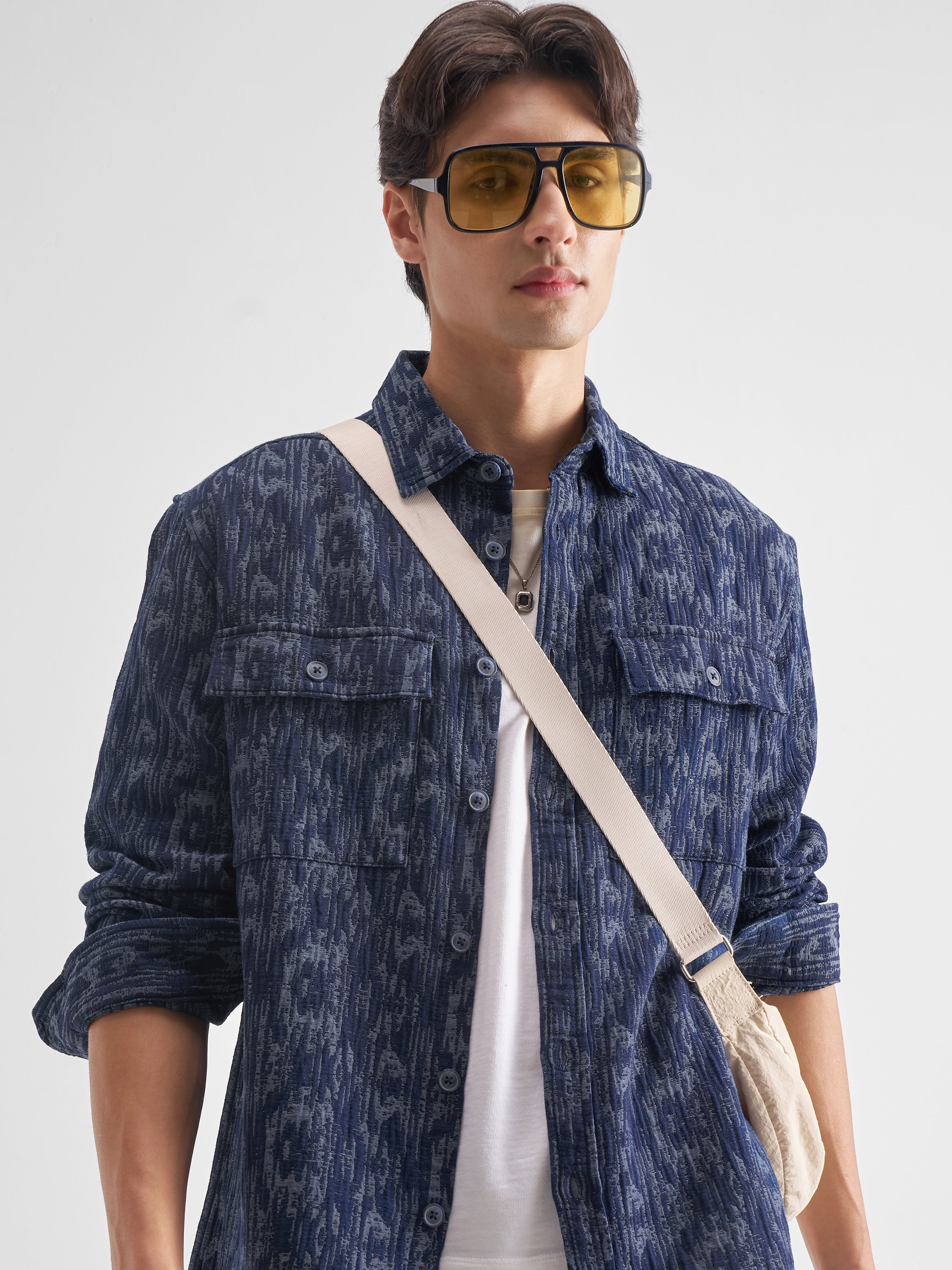 Locomotive Men Blue Self Design Relaxed Fit Casual Shirt - Blue - Image 1