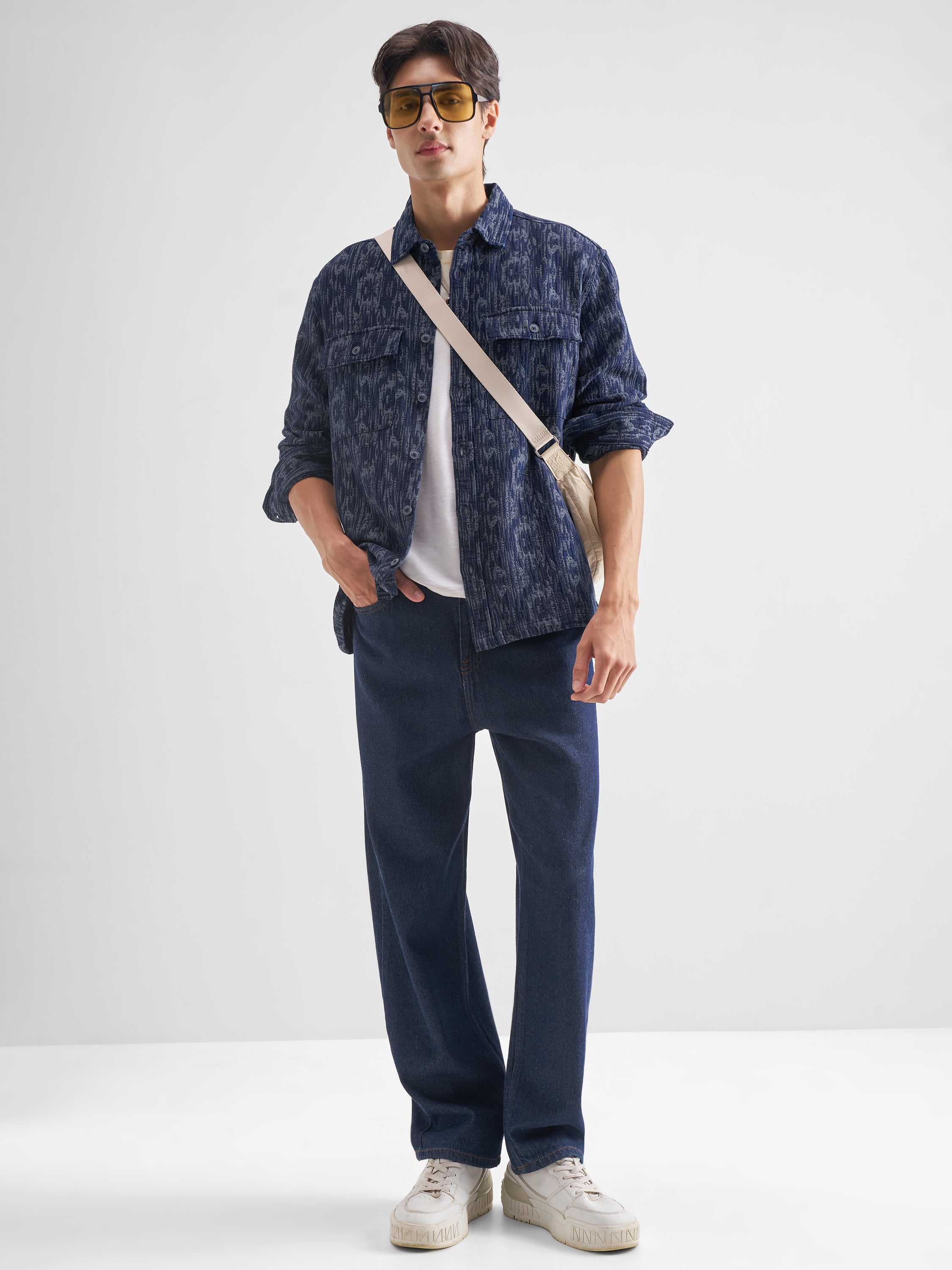 Locomotive Men Blue Self Design Relaxed Fit Casual Shirt - Blue - Image 2