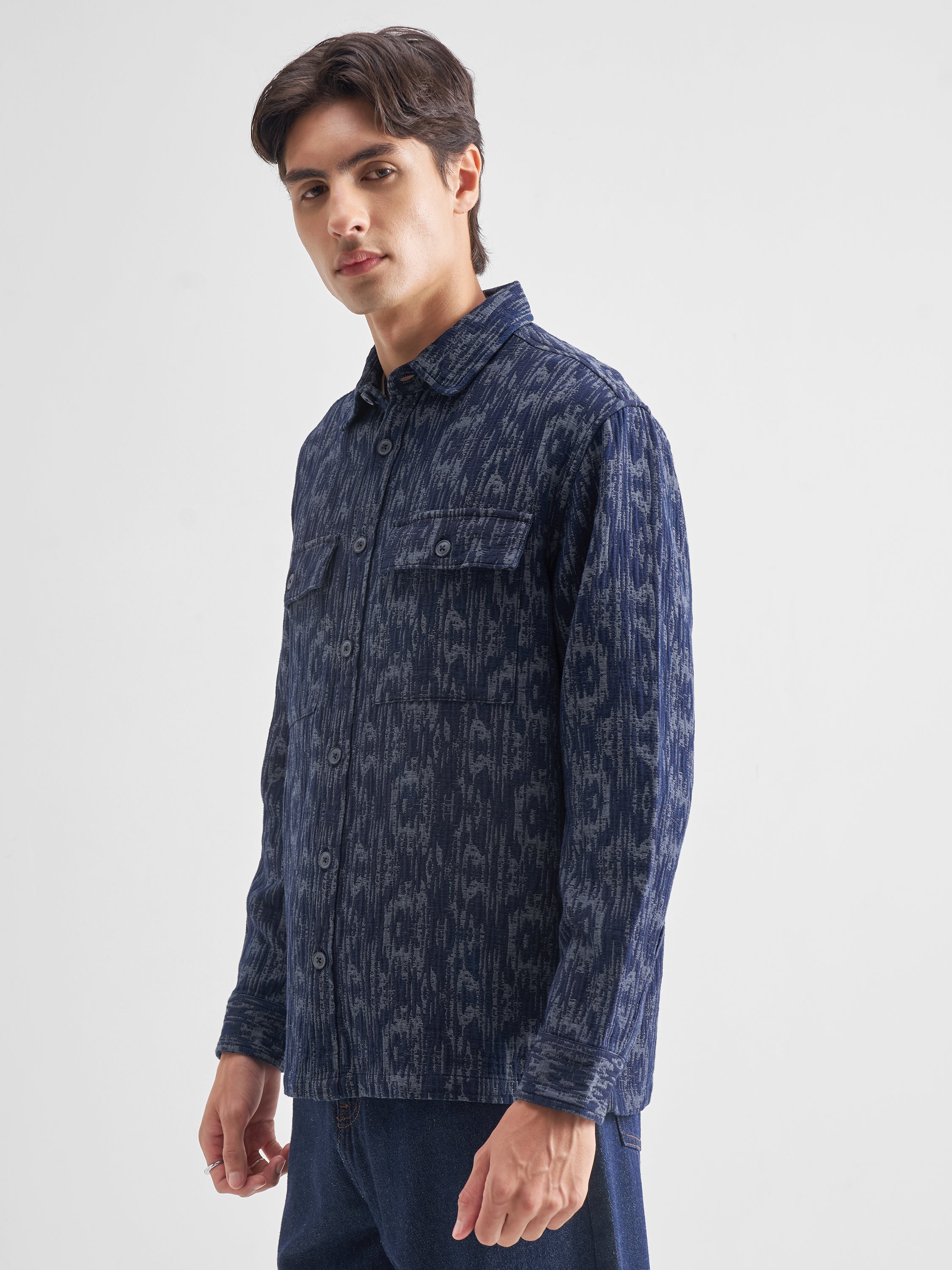 Locomotive Men Blue Self Design Relaxed Fit Casual Shirt - Blue - Image 4