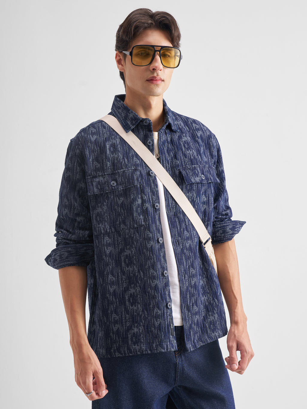 Locomotive Men Blue Self Design Relaxed Fit Casual Shirt - Blue - Image 6
