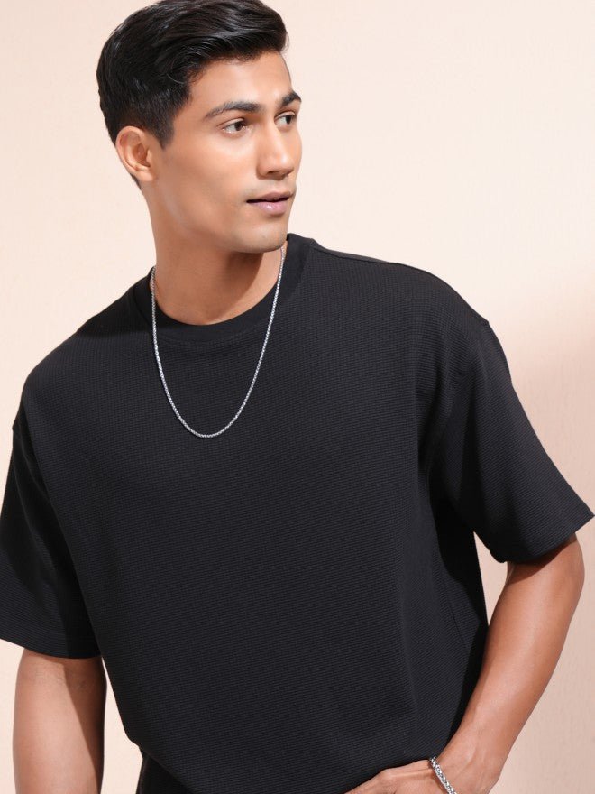 Locomotive Men Black Self Design Oversized Fit T-Shirt - Black - Image 1