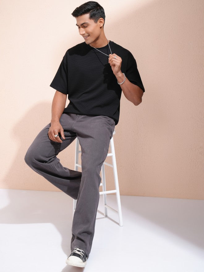 Locomotive Men Black Self Design Oversized Fit T-Shirt - Black - Image 2