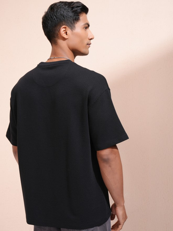 Locomotive Men Black Self Design Oversized Fit T-Shirt - Black - Image 3