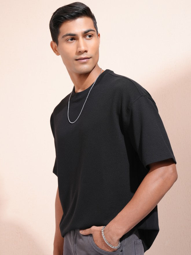 Locomotive Men Black Self Design Oversized Fit T-Shirt - Black - Image 4