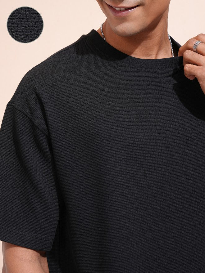 Locomotive Men Black Self Design Oversized Fit T-Shirt - Black - Image 5