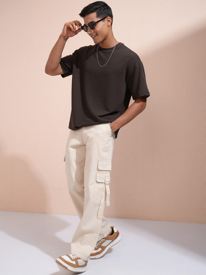 Locomotive Men Brown Self Design Round Neck Oversized Fit T-Shirt - Brown - Image 2
