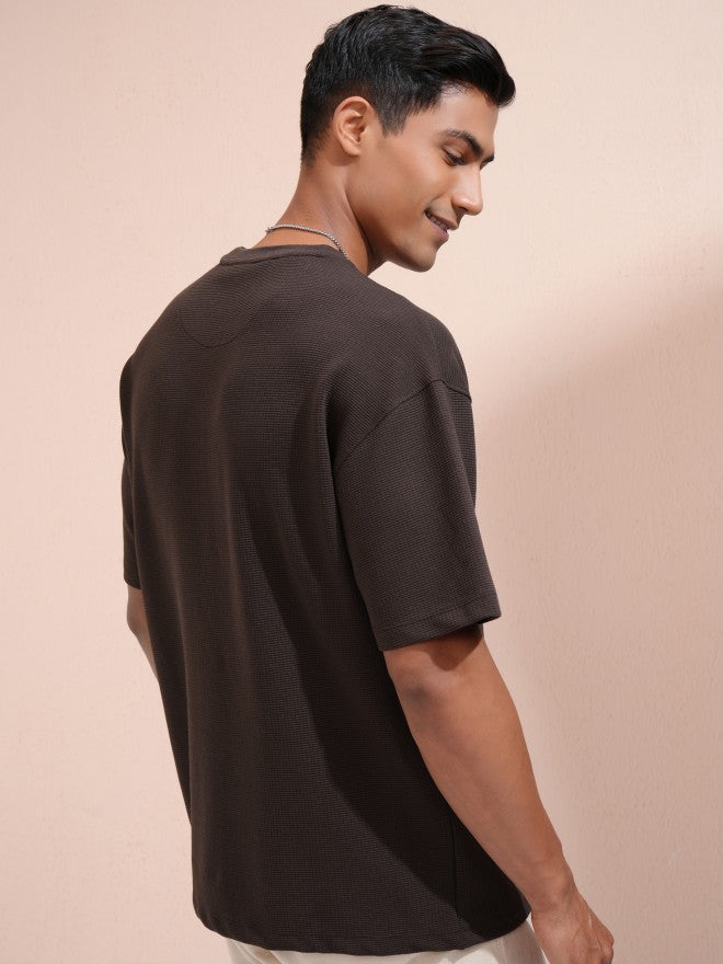 Locomotive Men Brown Self Design Round Neck Oversized Fit T-Shirt - Brown - Image 3