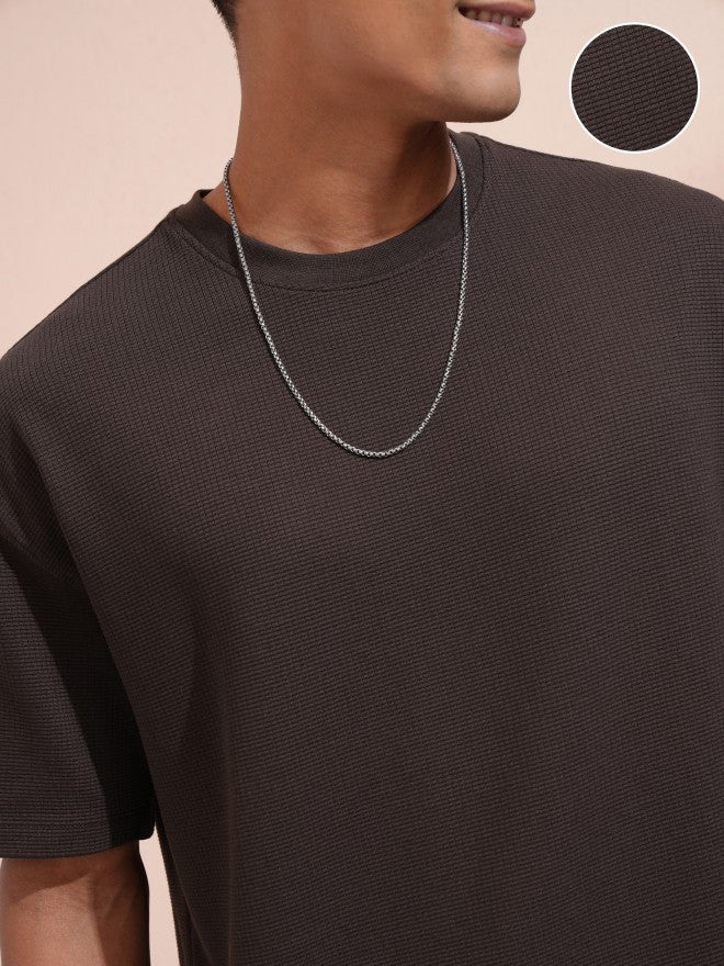 Locomotive Men Brown Self Design Round Neck Oversized Fit T-Shirt - Brown - Image 5