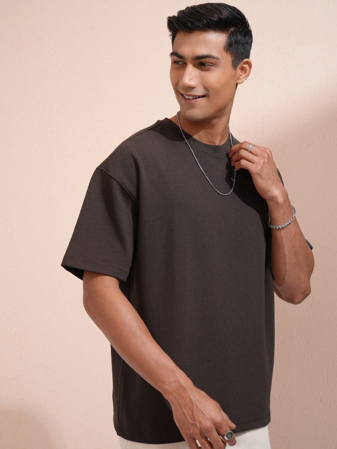 Locomotive Men Brown Self Design Round Neck Oversized Fit T-Shirt - Brown - Image 6