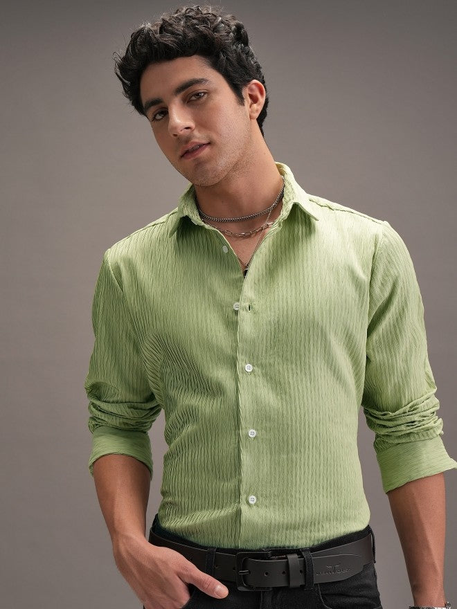 Locomotive Men Green Textured Slim Fit Casual Shirt - Green - Image 1
