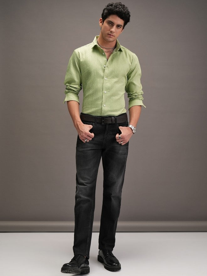 Locomotive Men Green Textured Slim Fit Casual Shirt - Green - Image 2