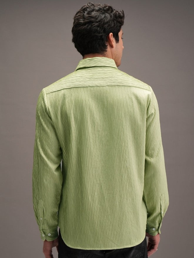 Locomotive Men Green Textured Slim Fit Casual Shirt - Green - Image 3