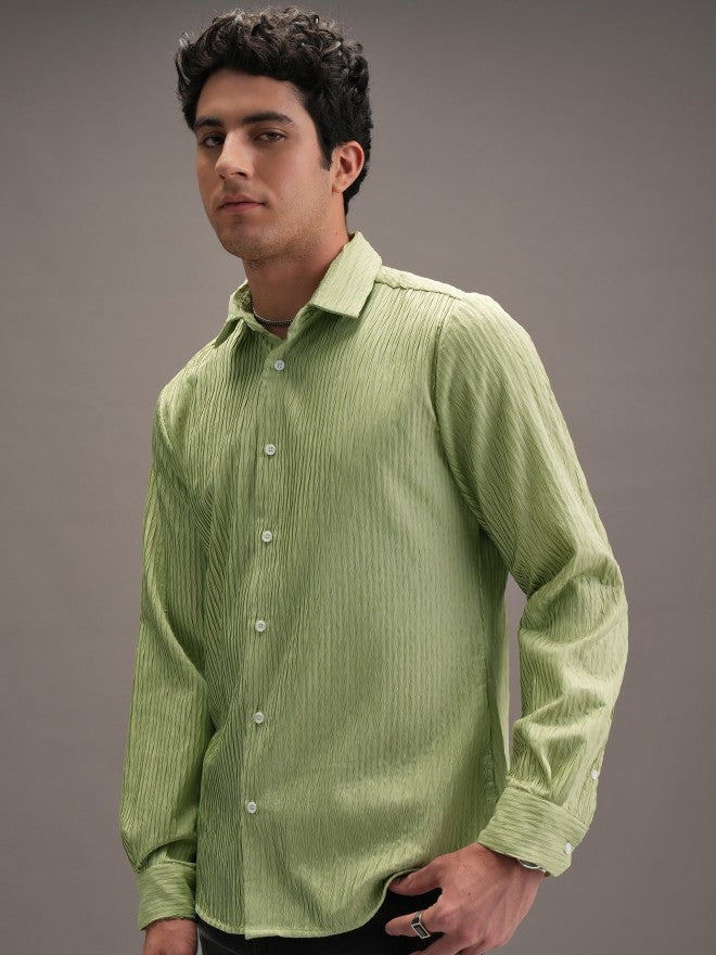 Locomotive Men Green Textured Slim Fit Casual Shirt - Green - Image 4