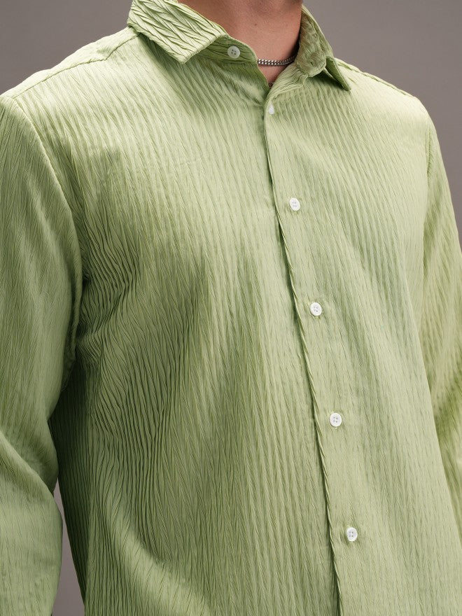 Locomotive Men Green Textured Slim Fit Casual Shirt - Green - Image 5