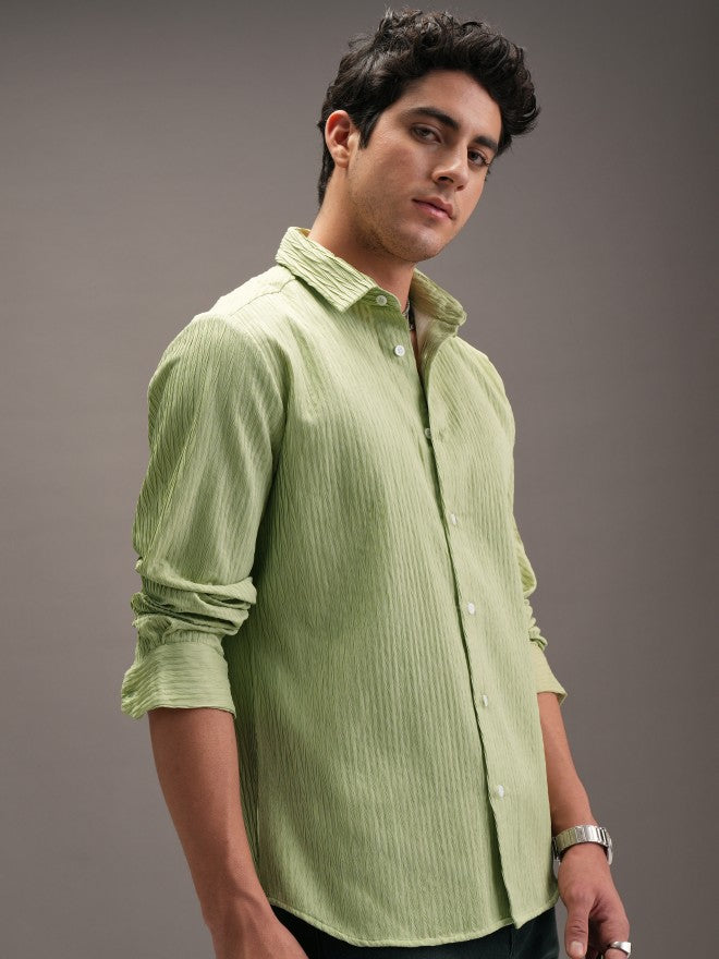 Locomotive Men Green Textured Slim Fit Casual Shirt - Green - Image 6