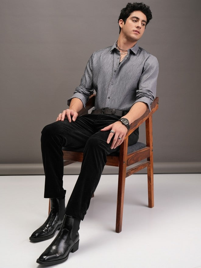 Locomotive Men Grey Textured Slim Fit Casual Shirt - Grey - Image 2