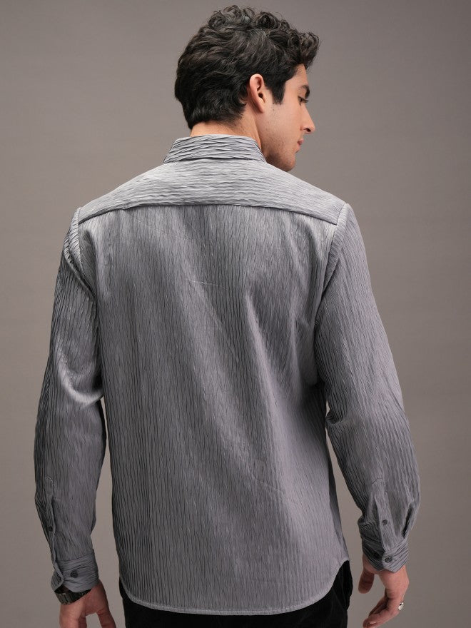 Locomotive Men Grey Textured Slim Fit Casual Shirt - Grey - Image 3