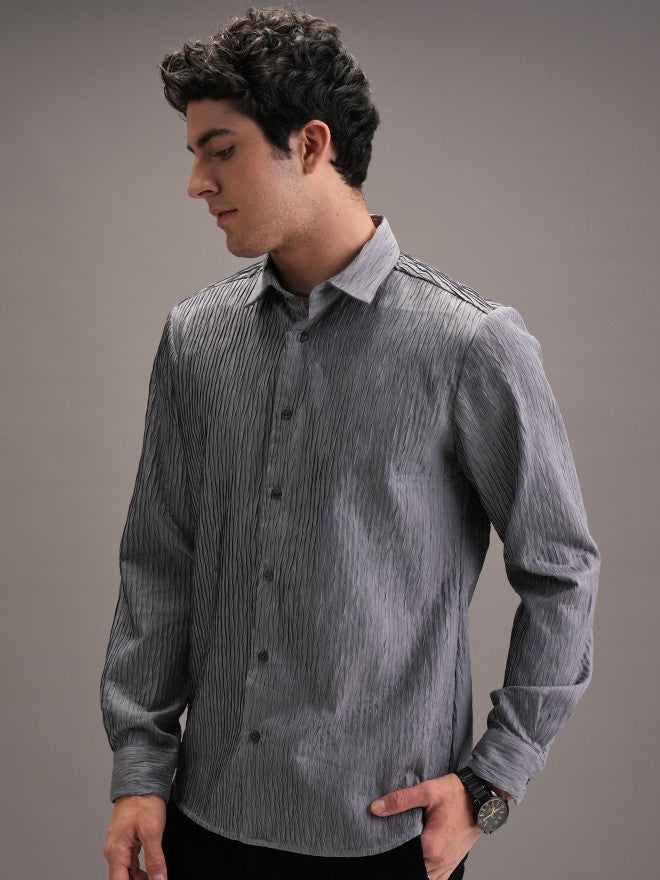 Locomotive Men Grey Textured Slim Fit Casual Shirt - Grey - Image 4