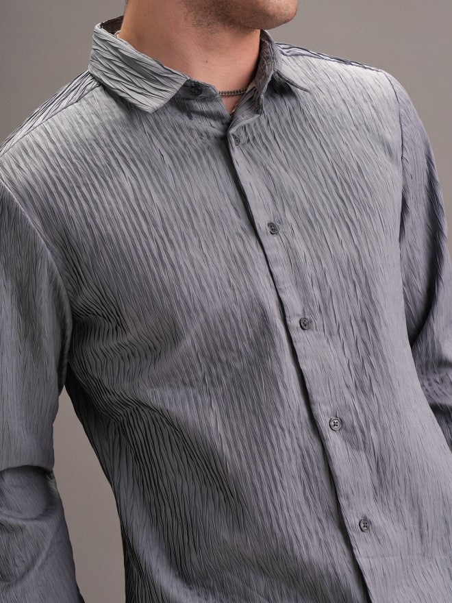 Locomotive Men Grey Textured Slim Fit Casual Shirt - Grey - Image 5