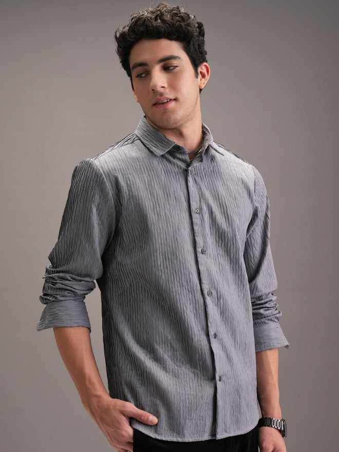 Locomotive Men Grey Textured Slim Fit Casual Shirt - Grey - Image 6