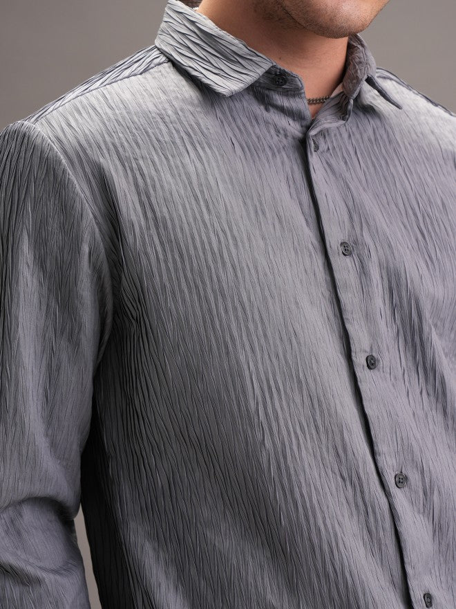 Locomotive Men Grey Textured Slim Fit Casual Shirt - Grey - Image 7