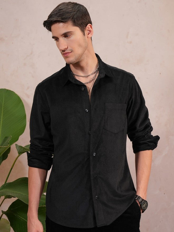 Locomotive Men Black Self Design Slim Fit Casual Shirt - Black - Image 1