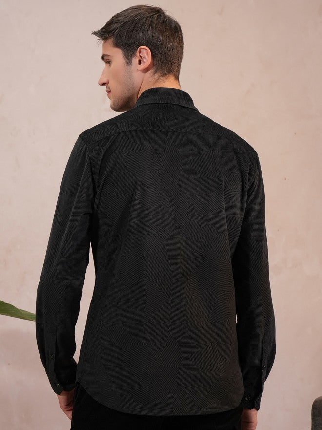 Locomotive Men Black Self Design Slim Fit Casual Shirt - Black - Image 3