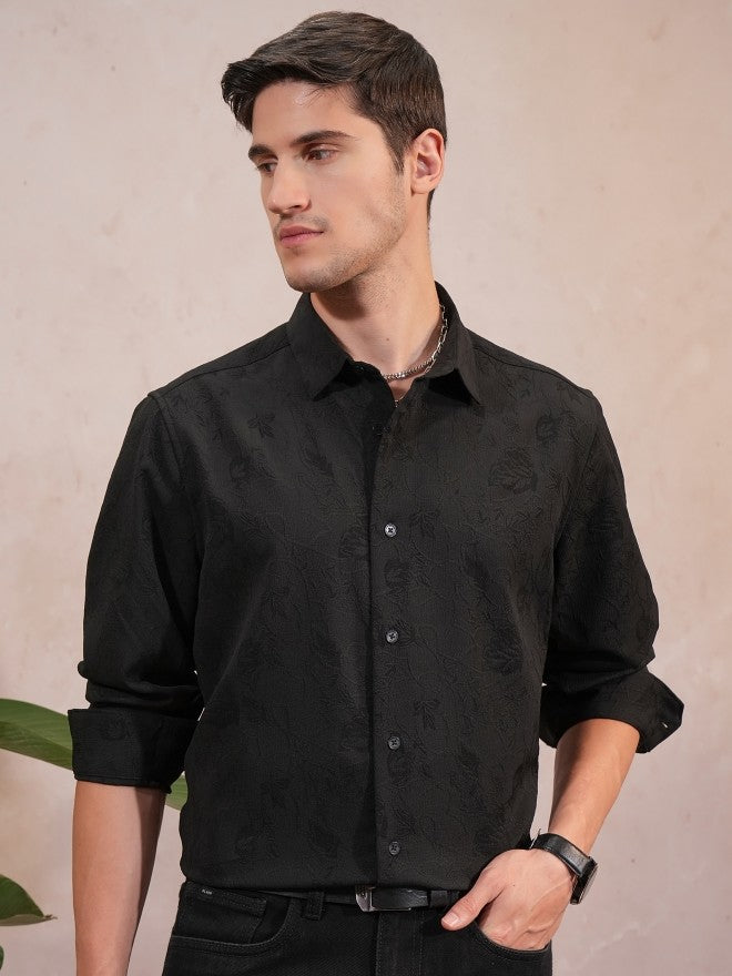 Locomotive Luxe Men Black Popcorn Textured Party Evening Shirt - Black - Image 1