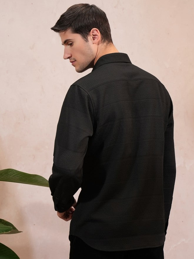Locomotive Men Black Self Design Slim Fit Casual Shirt - Black - Image 3