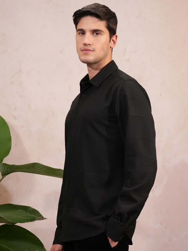 Locomotive Men Black Self Design Slim Fit Casual Shirt - Black - Image 4