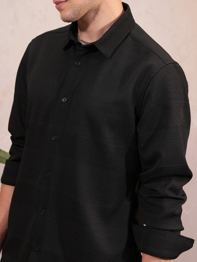 Locomotive Men Black Self Design Slim Fit Casual Shirt - Black - Image 5